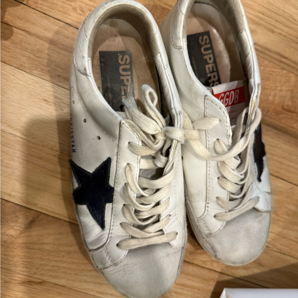 Golden Goose White Leather Sneakers with Navy Star Patch